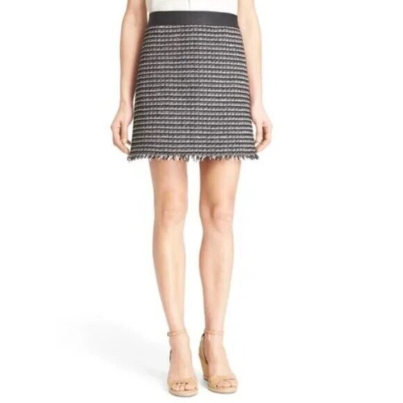 Tory Burch Tweed Raffia Fringe Skirt Leather Trim Size 8 Black/White - Picture 1 of 6